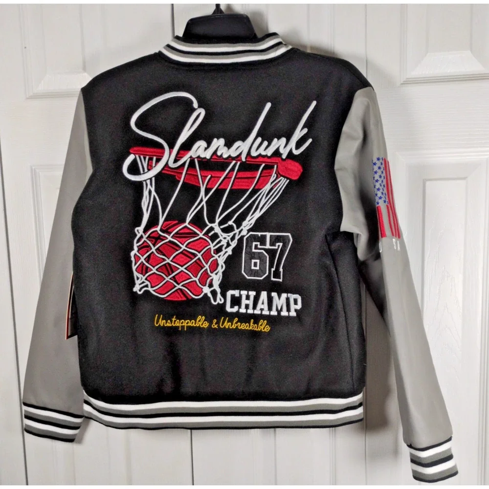 Ring of Fire Boys Varsity Jacket L Black Faux Leather Basketball Bomber NWT